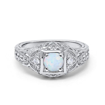 Antique Style Wedding Ring Round Lab Created White Opal 925 Sterling Silver